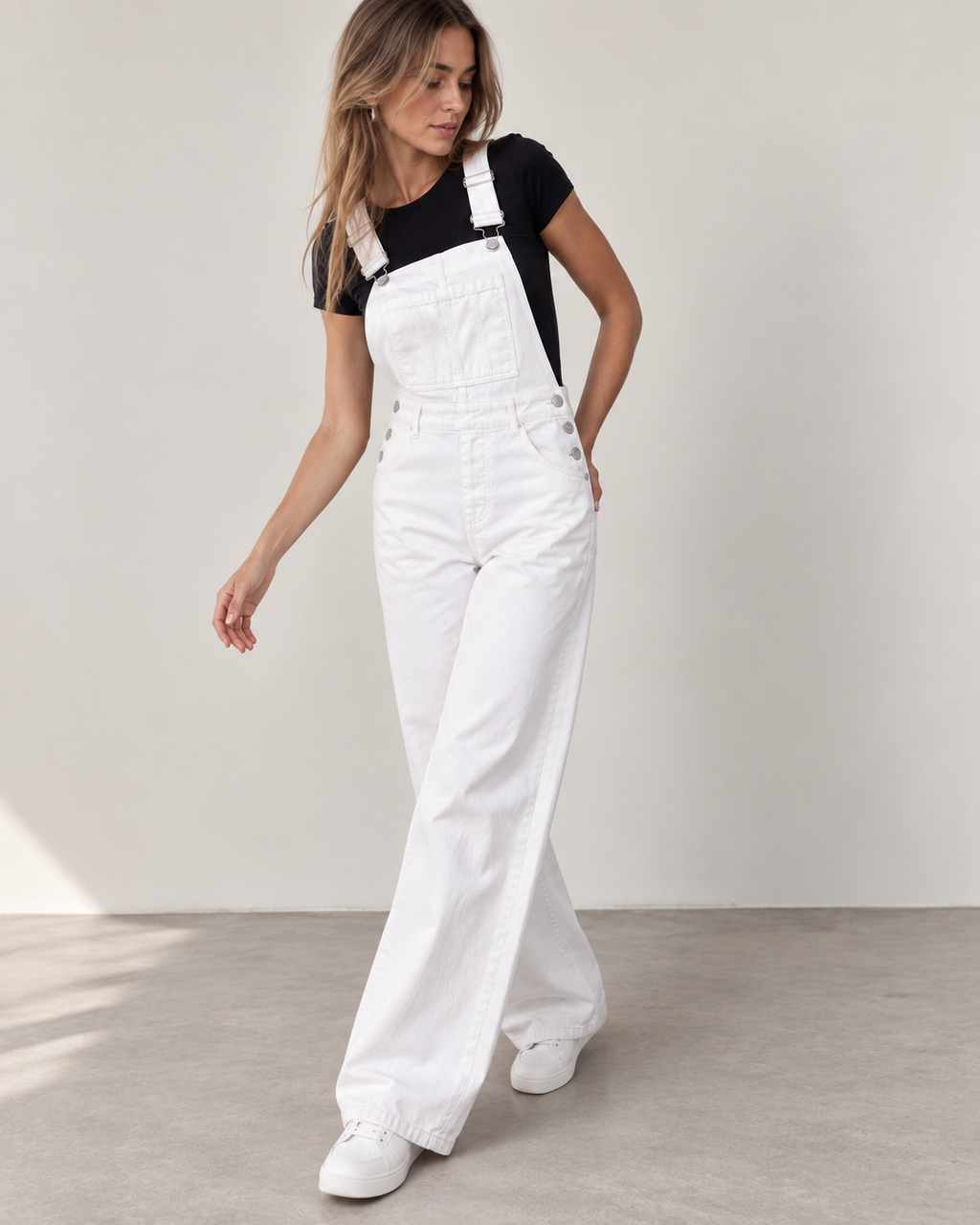 Cloud White Wide Leg Denim Overalls