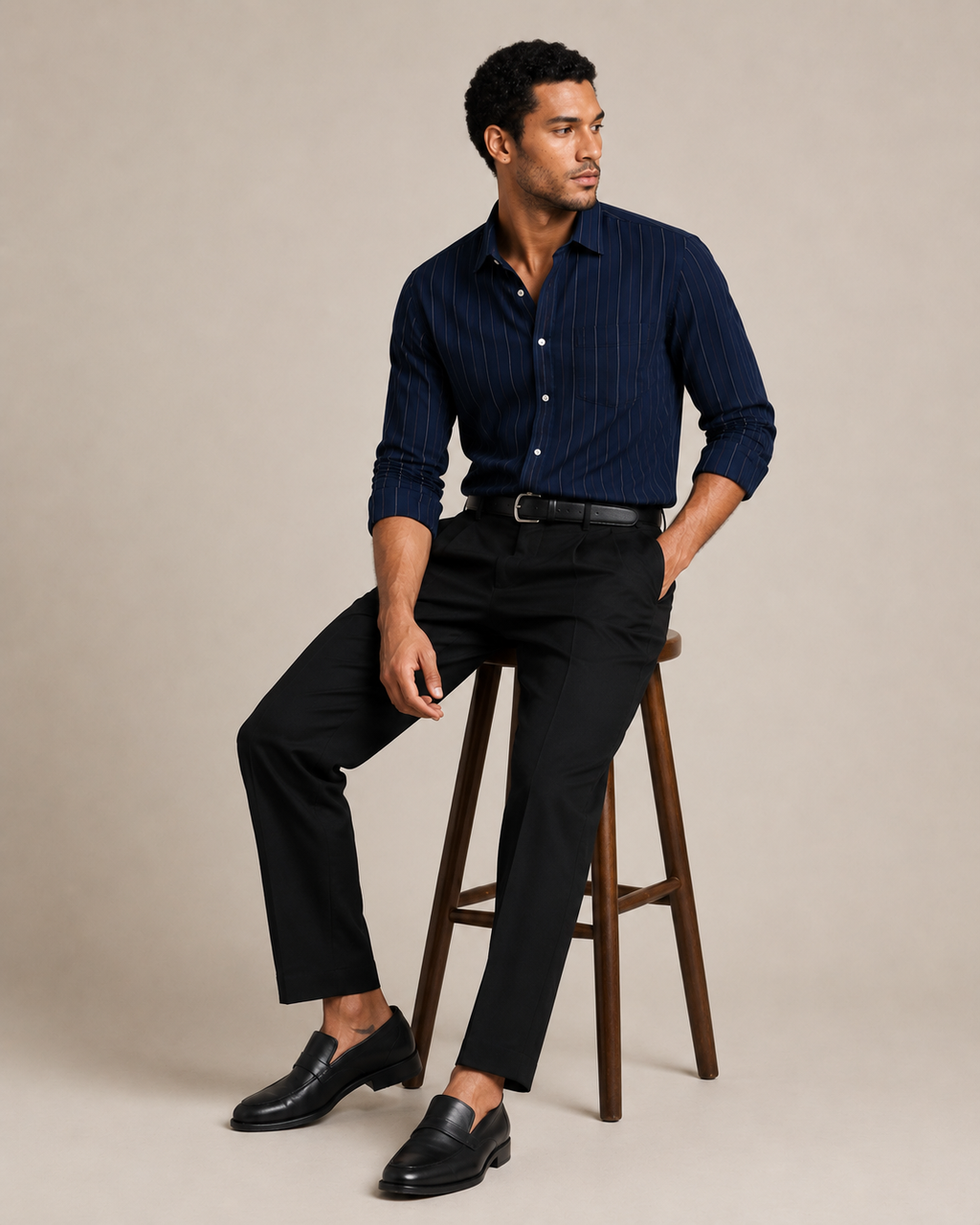 Navy -  Double Pocket Linen Shirt