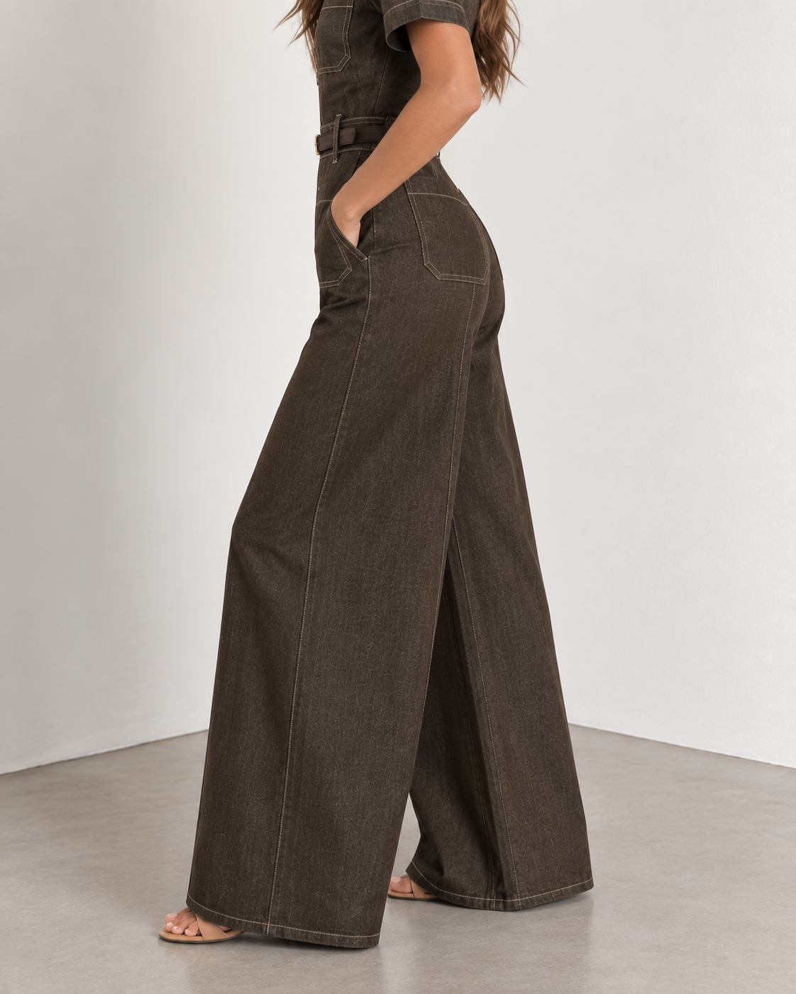Dark Chocolate - Denim Zip Front Belted Wide Leg jumpsuit