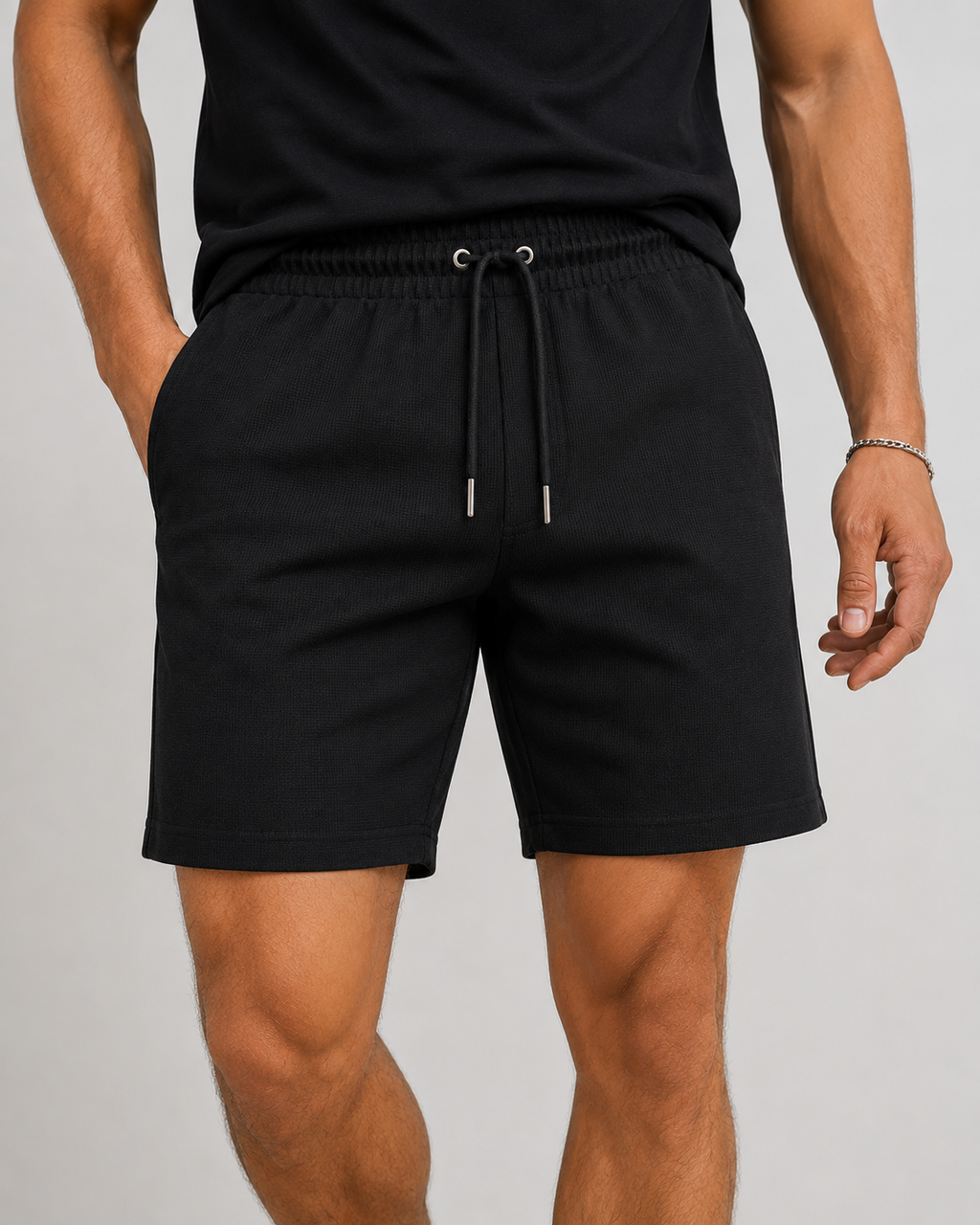 Monaco Textured Drawstring Shorts in Black