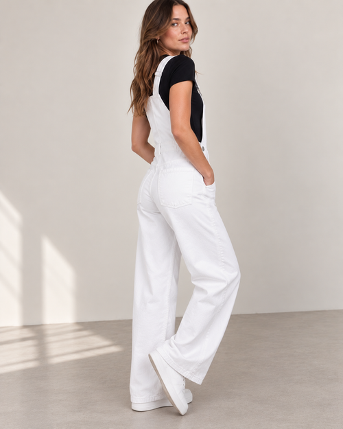Cloud White Wide Leg Denim Overalls