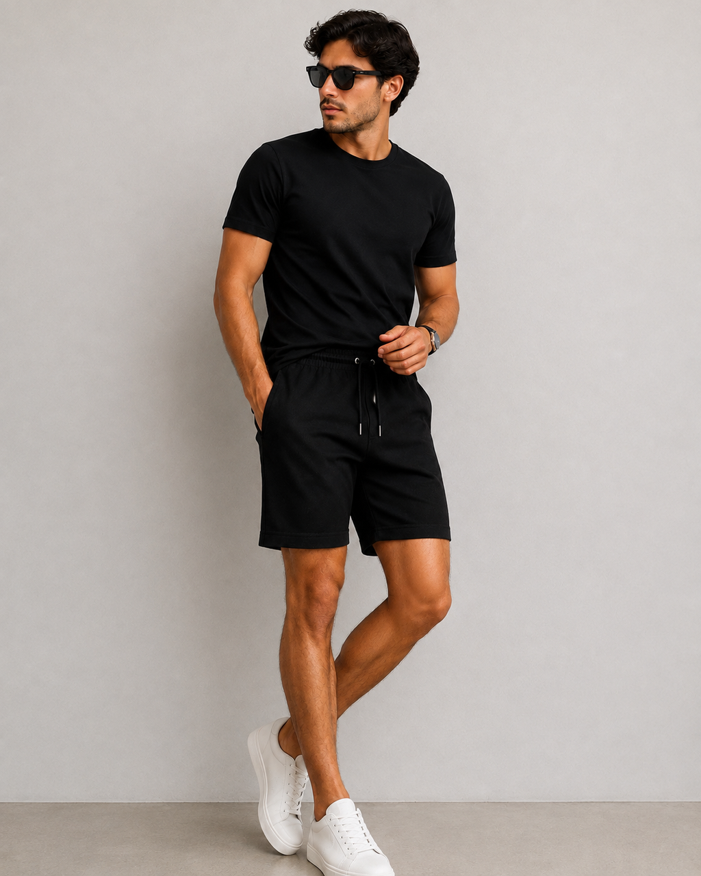 Monaco Textured Drawstring Shorts in Black