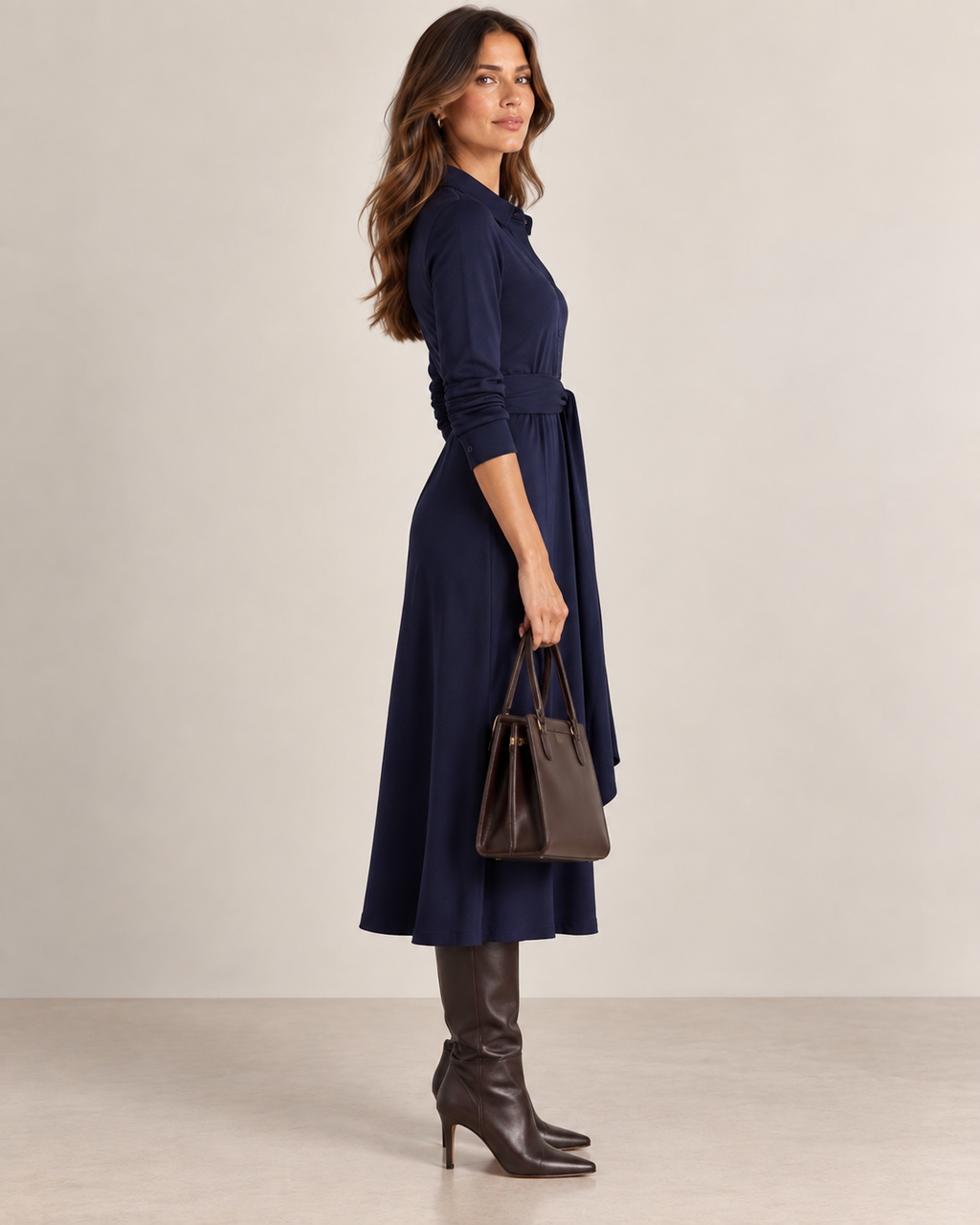 Harper Tie-Waist Shirt Dress - Navy
