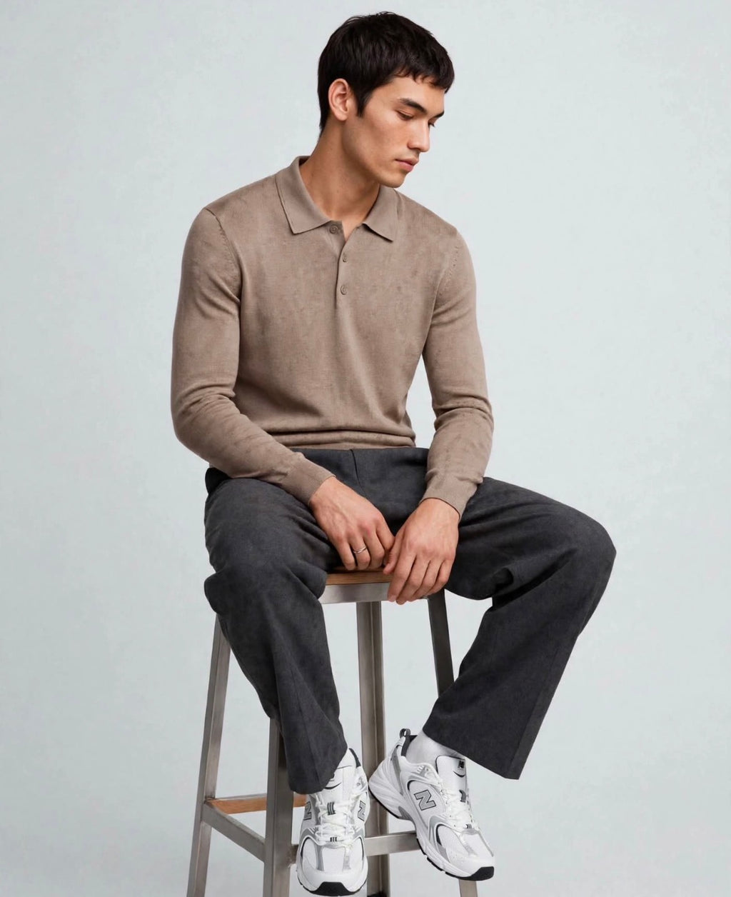 Croft  Long Sleeve Knit Polo -  Brown