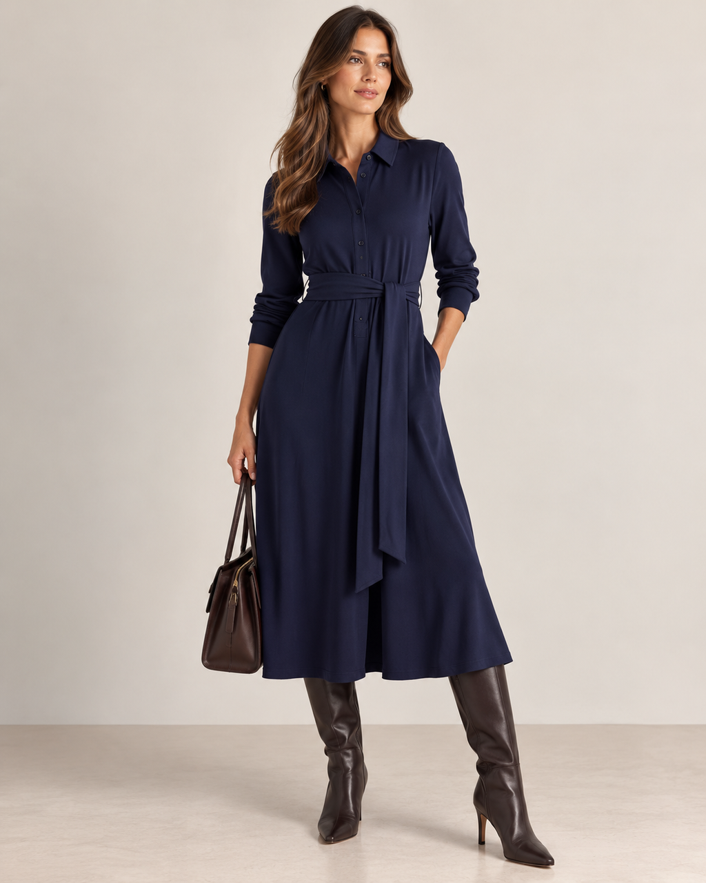 Harper Tie-Waist Shirt Dress - Navy