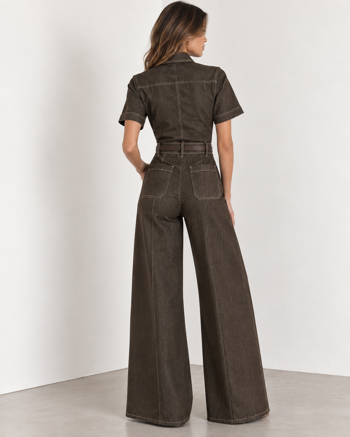 Dark Chocolate - Denim Zip Front Belted Wide Leg jumpsuit
