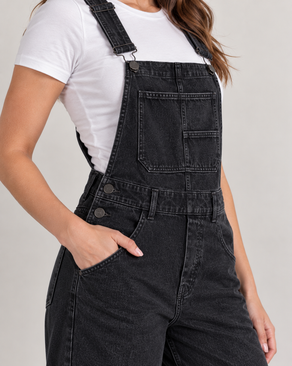 Washed Black Wide Leg Denim Overalls