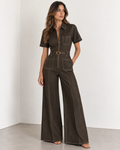 Dark Chocolate - Denim Zip Front Belted Wide Leg jumpsuit