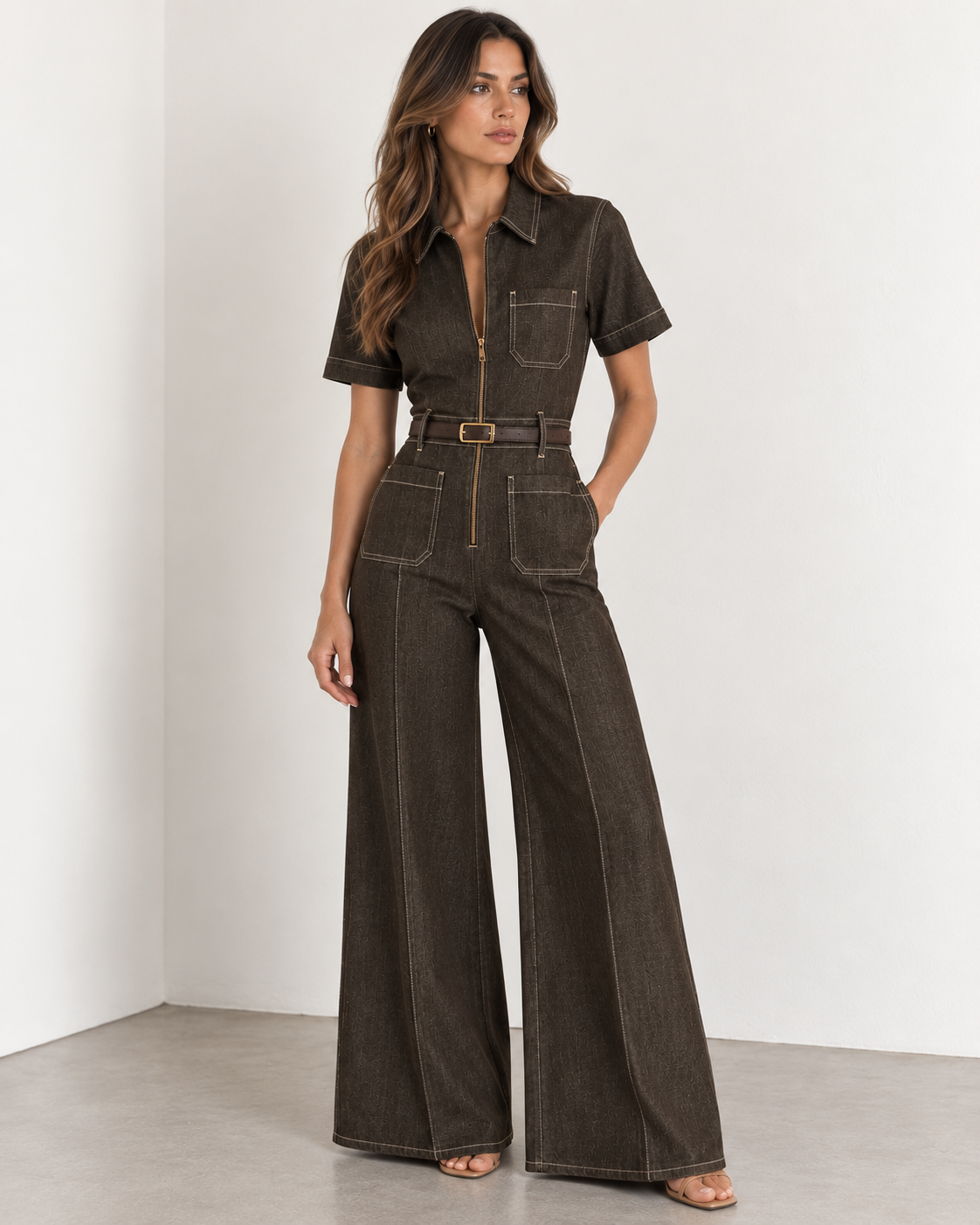 Dark Chocolate - Denim Zip Front Belted Wide Leg jumpsuit