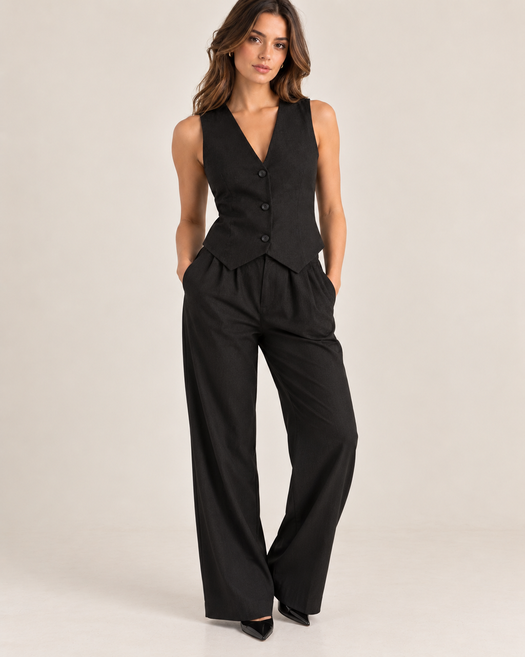 Midnight - Linen Vest Top - Tailored Button