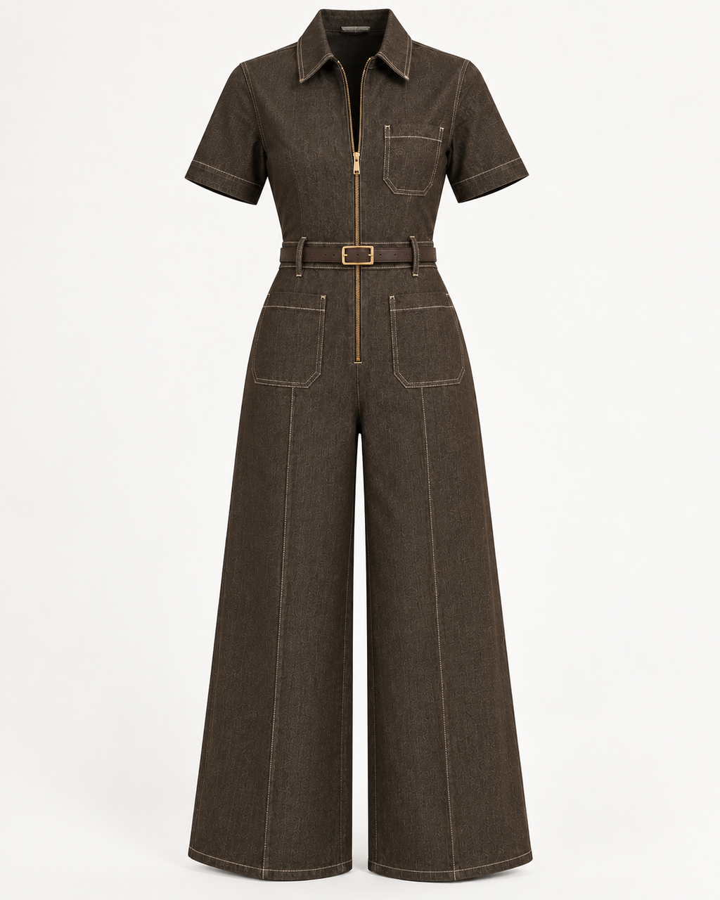 Dark Chocolate - Denim Zip Front Belted Wide Leg jumpsuit