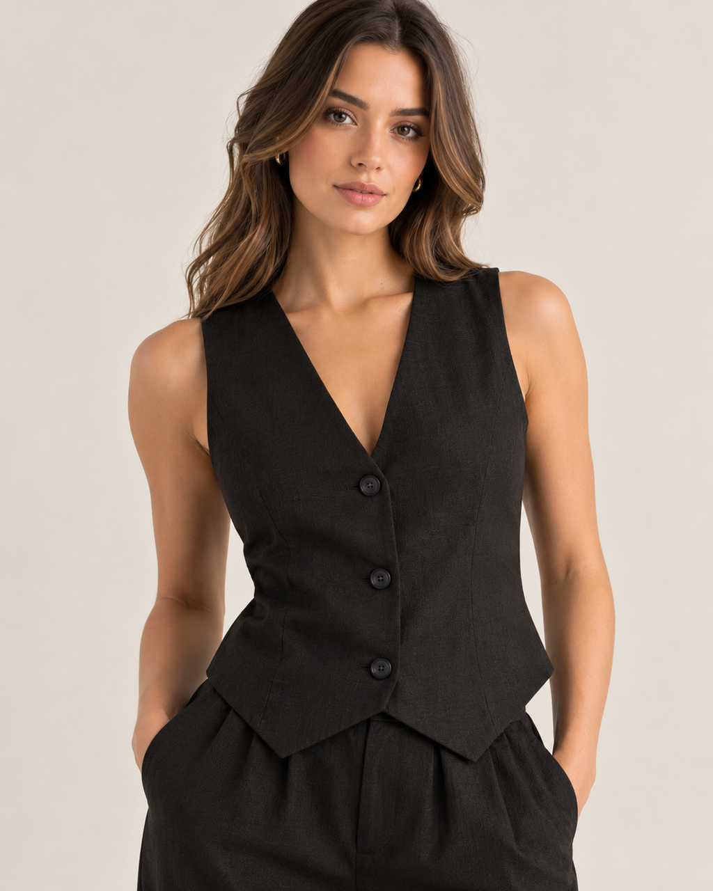 Midnight - Linen Vest Top - Tailored Button
