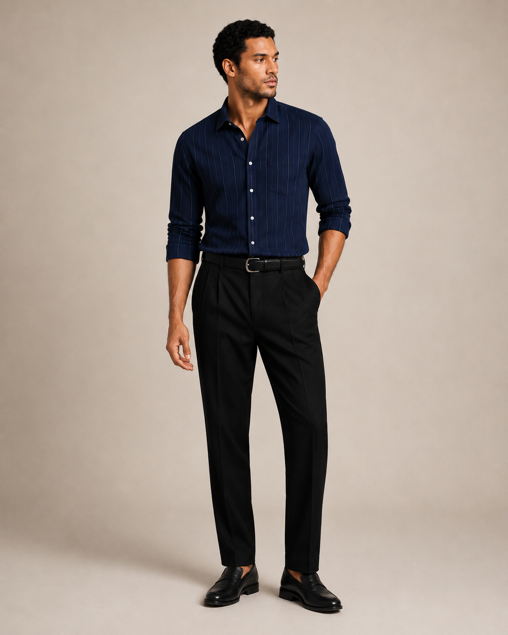 Navy -  Double Pocket Linen Shirt