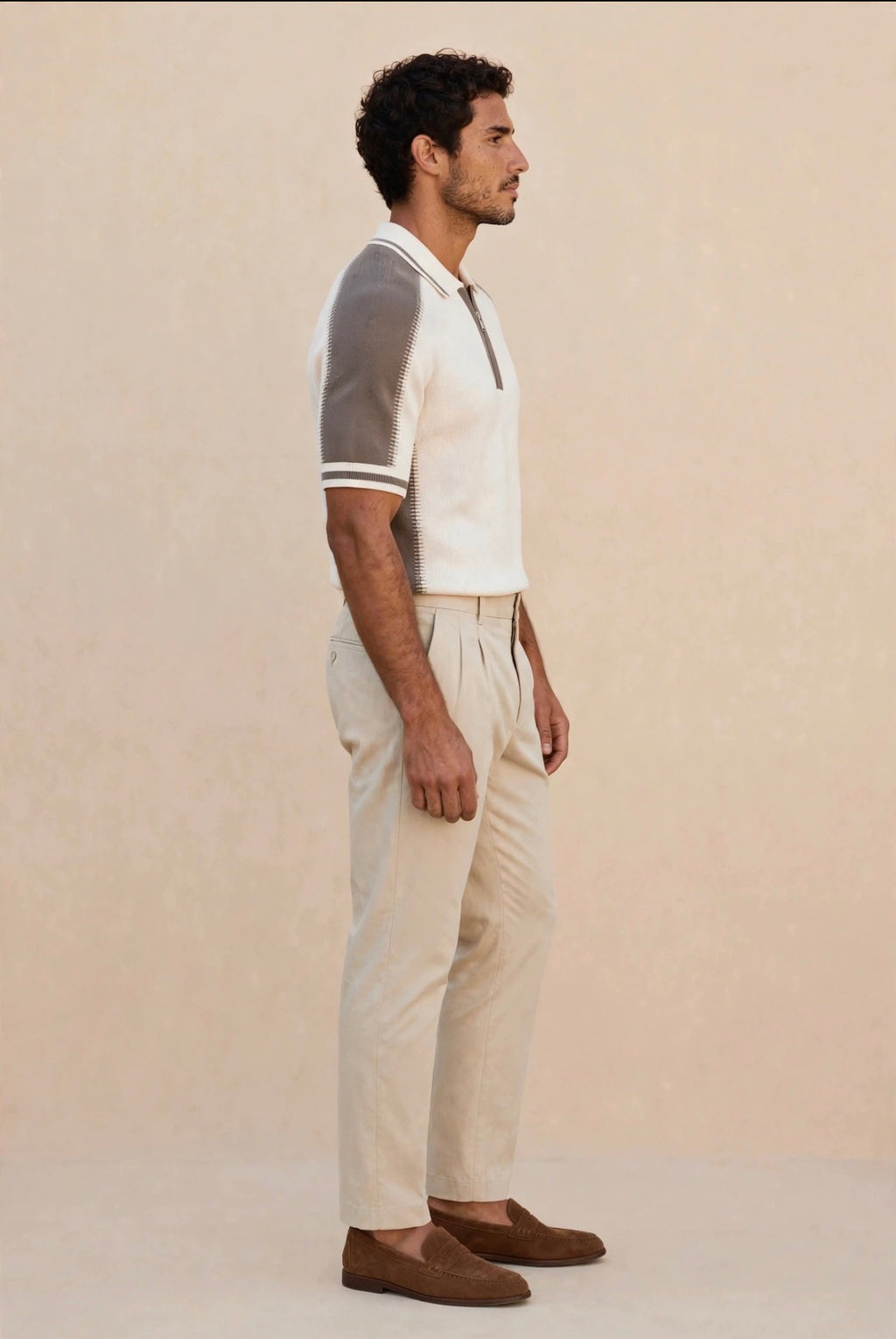 Stitch-Detail Half-Zip Knitted Polo - Ecru