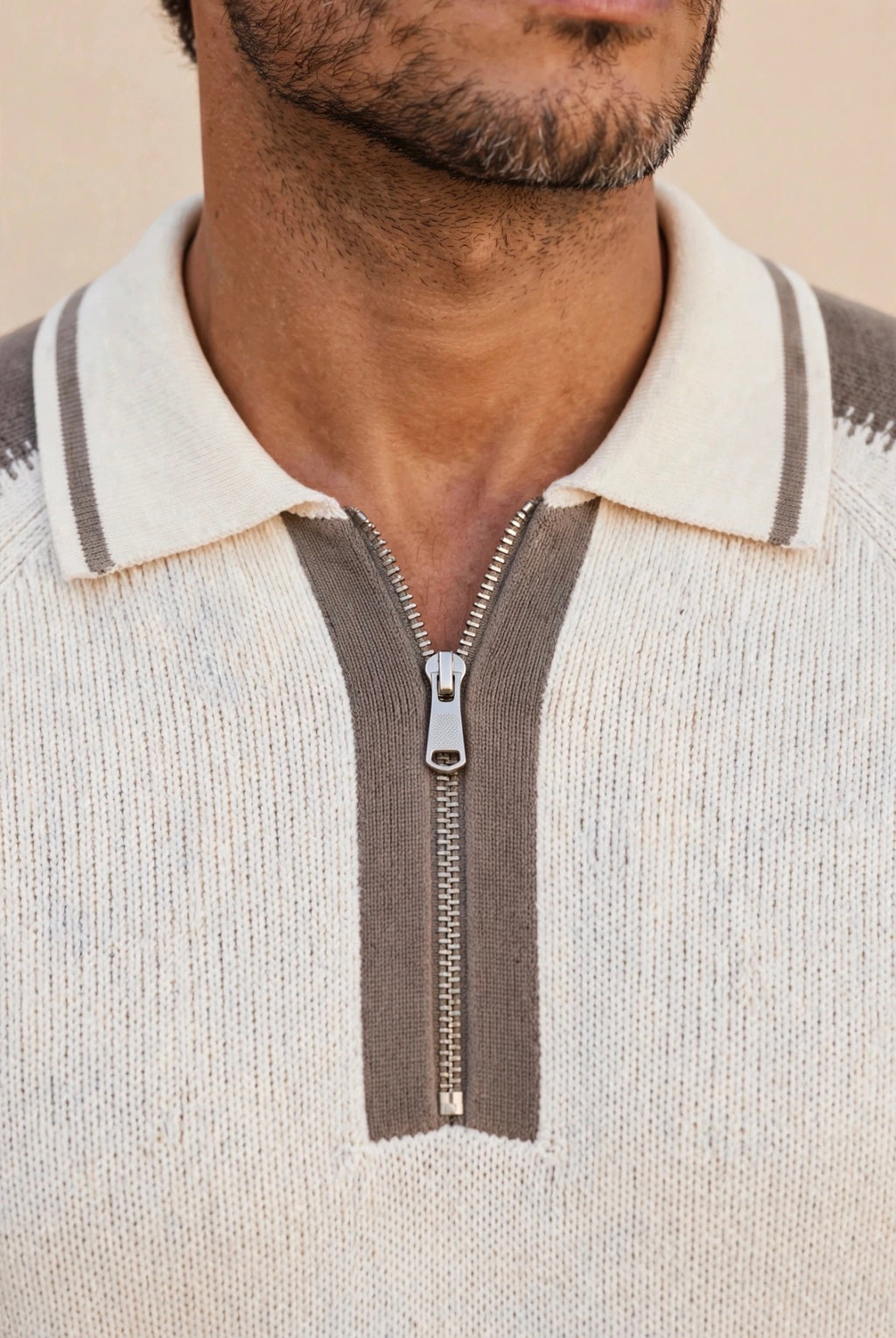 Stitch-Detail Half-Zip Knitted Polo - Ecru