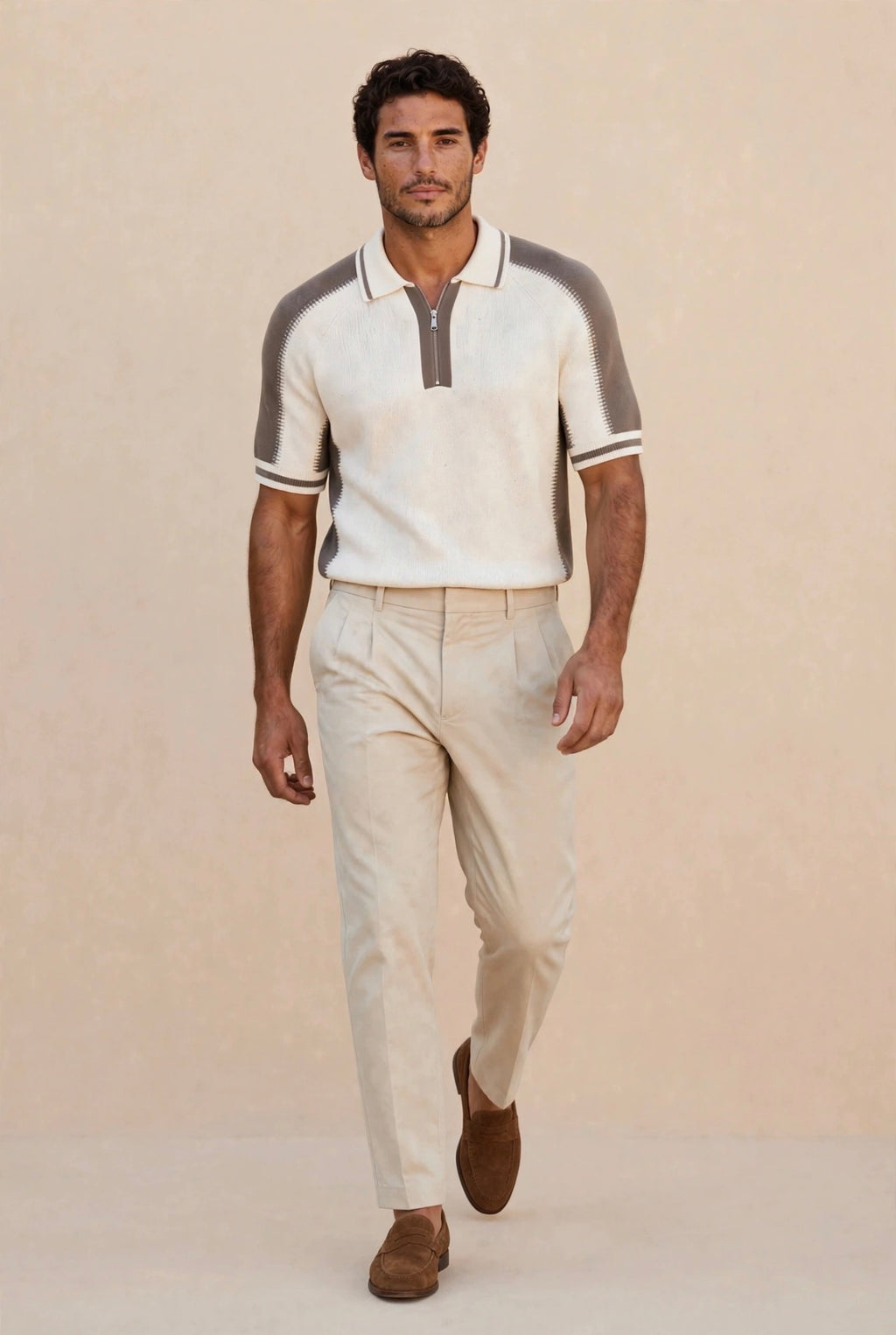 Stitch-Detail Half-Zip Knitted Polo - Ecru
