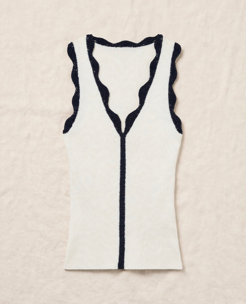 Cream Ribbed Knit Scallop Tank Top