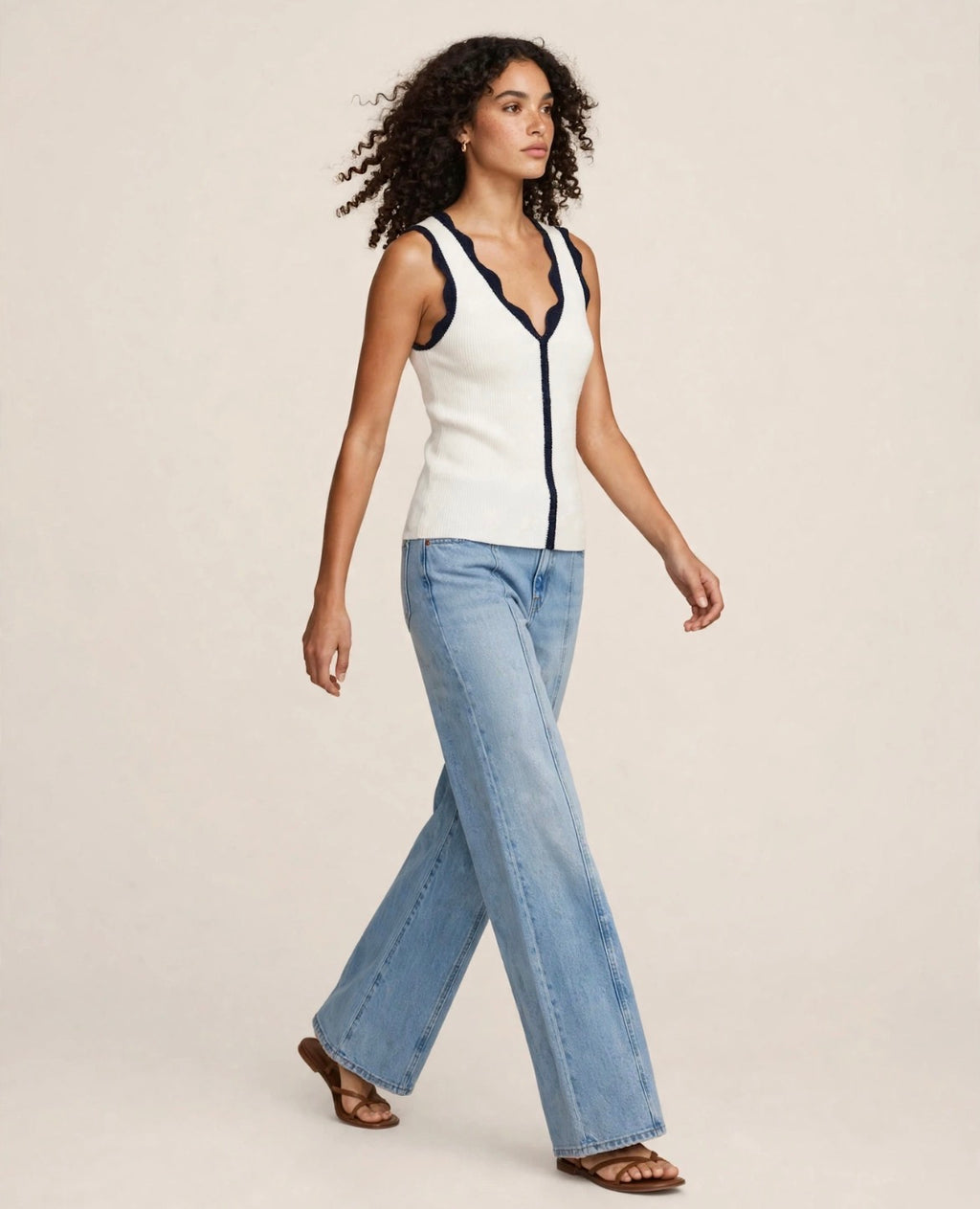 Cream Ribbed Knit Scallop Tank Top