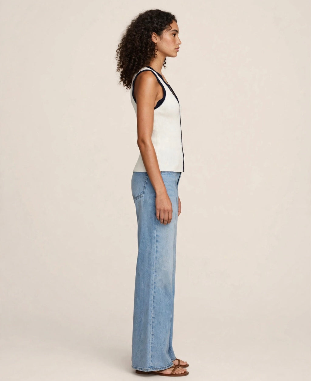 Cream Ribbed Knit Scallop Tank Top