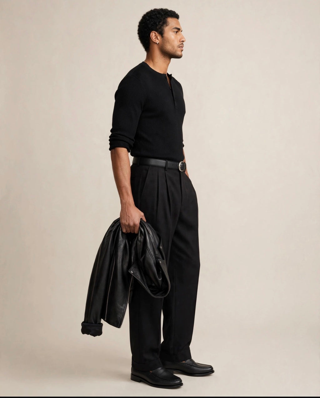 Midnight - Ribbed Henley - Rolled Sleeve