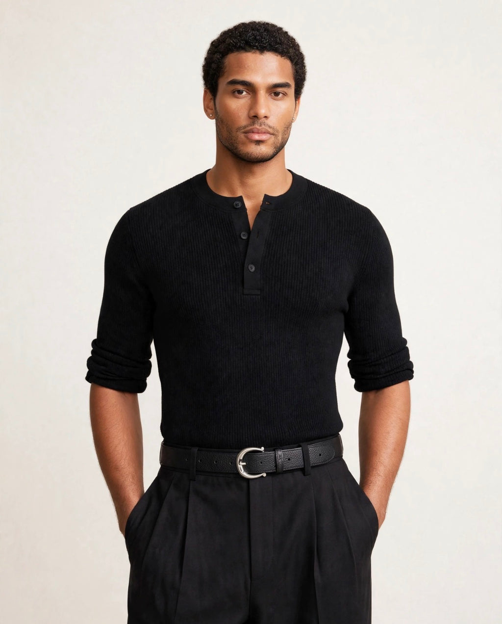 Midnight - Ribbed Henley - Rolled Sleeve