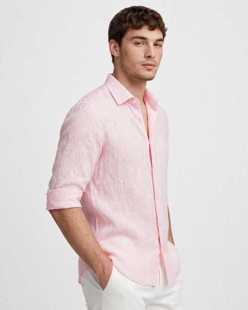 Camisa casual de lino color rosa claro de The Picks Club con mangas remangadas y corte entallado para hombre