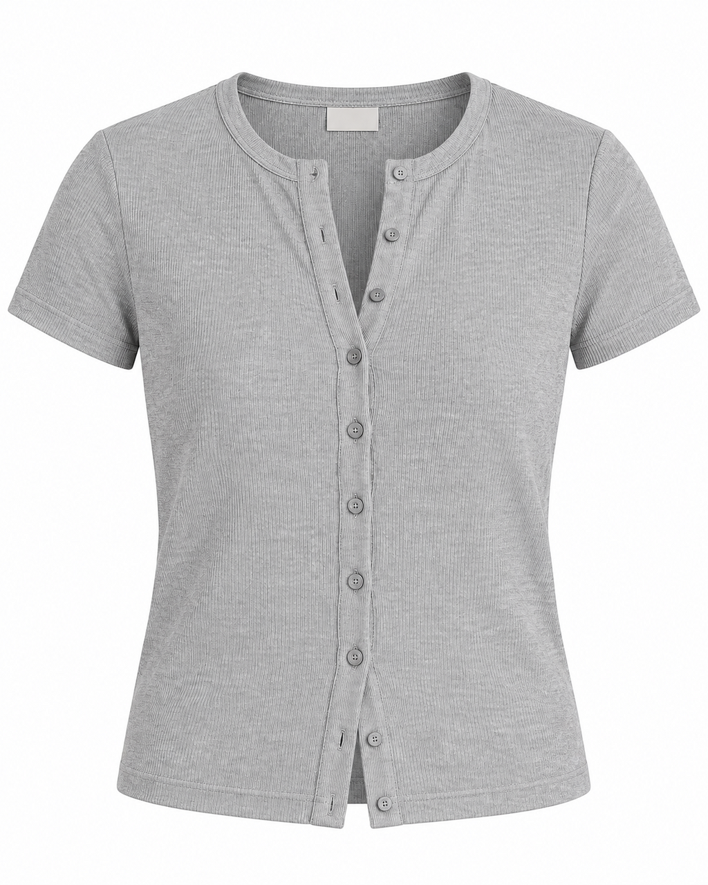 Top Berlín de The Picks Club en color gris piedra, diseño de canalé con cuello redondo y cierre frontal de botones